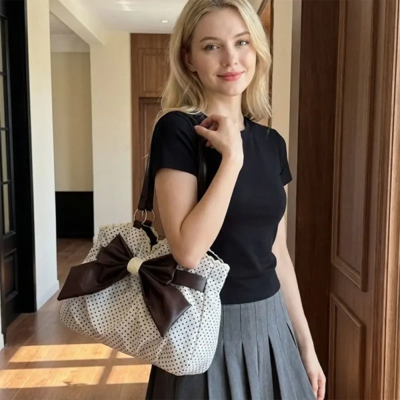 Trendy Vintage Women's Bow Handbag Y2k Casual Chic Lady Shoulder Bags All Match Aesthetic Dot Ins Underarm Bag Streetwear